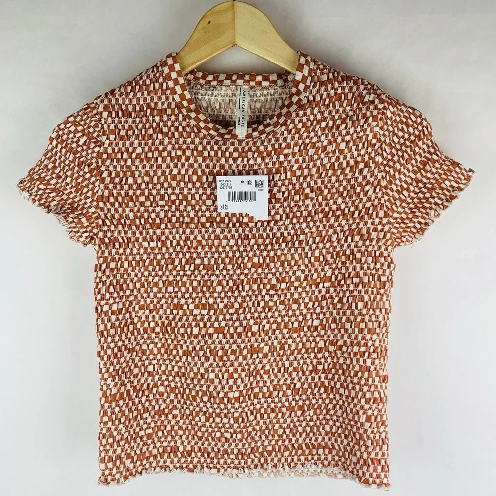 NWT American Eagle Smocked Baby Tee Women's Medium NEW Checkered 100% Cotton AE